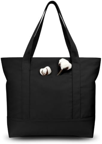 TOPDesign 3-Pack Canvas Tote Bags with an External Pocket, Reusable Grocery Shopping Bags, Top Zipper Closure, Daily Essentials (Black)