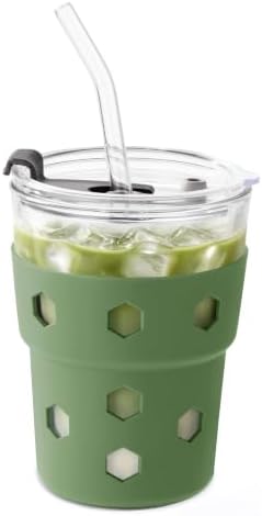 Mrsdry 12oz Iced Coffee Cup with Lids and Straws, BPA Free Reusable Glass Coffee Cups with Silicone Sleeves for Coffee, Iced tea, Thick Wall Glass Cup