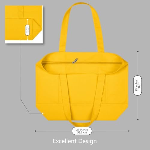 TOPDesign 1-Pack Canvas Tote Bags with an External Pocket, Reusable Grocery Shopping Bags, Top Zipper Closure, Daily Essentials (Yellow)