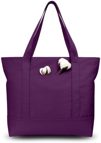 TOPDesign 3-Pack Canvas Tote Bags with an External Pocket, Reusable Grocery Shopping Bags, Top Zipper Closure, Daily Essentials (Purple)