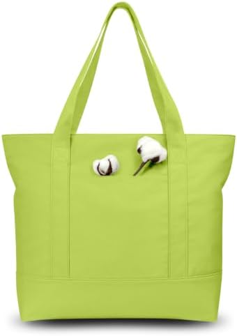 TOPDesign 1-Pack Canvas Tote Bag with an External Pocket, Reusable Grocery Shopping Bag, Top Zipper Closure, Daily Essentials (Light Green)