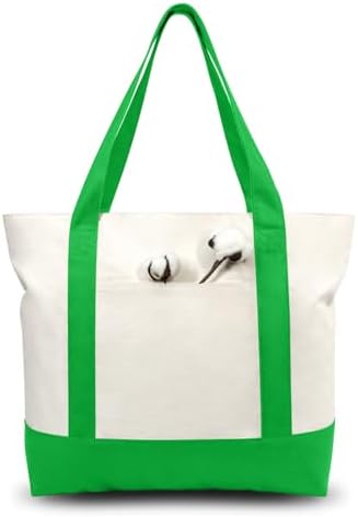 TOPDesign 6-Pack Canvas Tote Bags with an External Pocket, Reusable Grocery Shopping Bags, Top Zipper Closure, Daily Essentials (Lime Green/Natural)