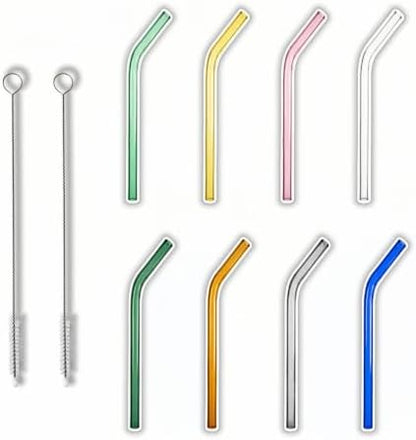 8 Pack Reusable Bent Glass Straws, 8 Inch Food Grade Heat Resistant, BPA FreeLead-Free Multicolor Glass Straws for Smoothie Milkshake Juice Cocktail Tea Hot Drinks, with 2 Cleaning Brushes