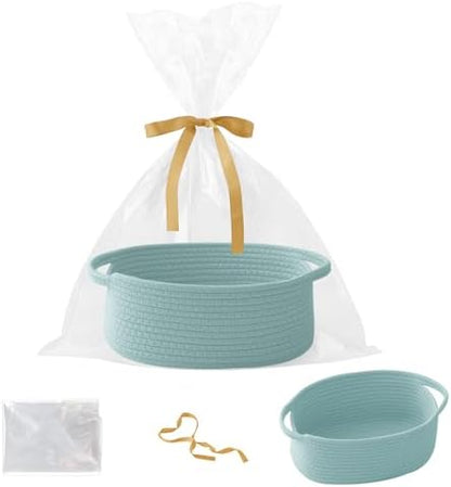 Woven Rope Basket - Baby Gift Basket with Bag & Ribbon, Aqua