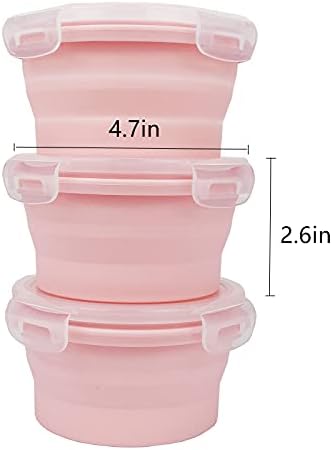 CCyanzi 3piece Round Collapsible Bowl with Lids, Silicone Food Storage Containers, Microwave & Freezer Safe, Space Saving for Kitchen Cabinet and Camping Backpack,(Pink)