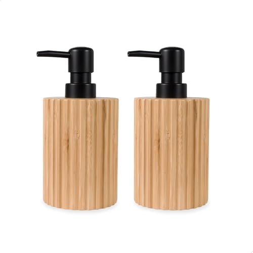 Ribbed Bamboo Soap Dispenser, Natural Finish Black Pump 2 Pack