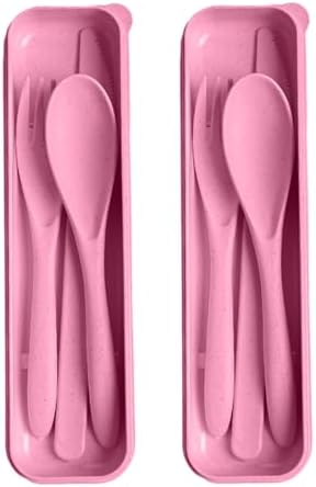 Pink Utensil set Travel Silverware with Case, 2 Sets Reusable Utensils Set with Case, Wheat Straw Utensils for Lunch Box Accessories, Camping Utensils for Work Lunch or Daily Use (Pink)