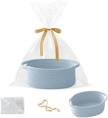 Blue Woven Rope Basket - Baby Gift Basket with Bag & Ribbon