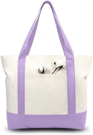 TOPDesign 1-Pack Canvas Tote Bag with an External Pocket, Reusable Grocery Shopping Bag, Top Zipper Closure, Daily Essentials (Lavender/Natural)