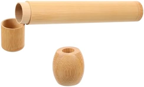 Amosfun Bamboo Toothbrush Holder Portable Toothbrush Storage Tube with Base Travel Tooth Brush Holder Case for Bathroom Counter Office Desktop Dresser Home and Hotel Use