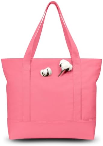 TOPDesign 6-Pack Canvas Tote Bags with an External Pocket, Reusable Grocery Shopping Bags, Top Zipper Closure, Daily Essentials (Rose Pink)