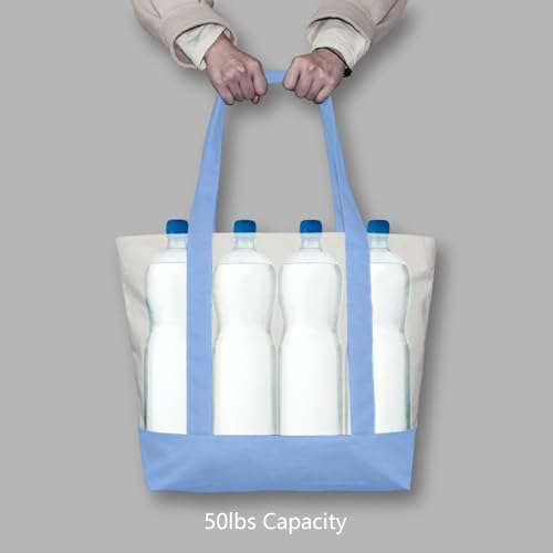TOPDesign 1-Pack Canvas Tote Bag with an External Pocket, Reusable Grocery Shopping Bag, Top Zipper Closure, Daily Essentials (Light Blue/Natural)