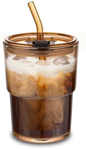 13oz Glass Iced Coffee Cups with Straw and Lid, Thick-Wall Glass Tumbler, Reusable Coffee Cup for Iced Coffee, Matcha, Cold Brew, Latte and Cold Drinks, Fits Car Cup Holders