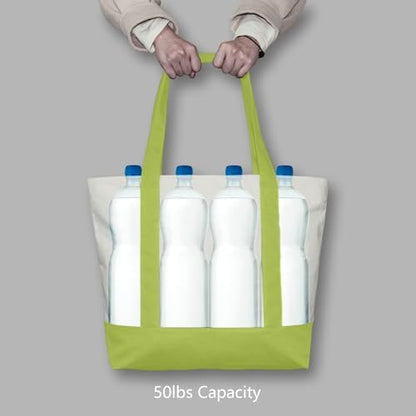 TOPDesign 1-Pack Canvas Tote Bag with an External Pocket, Reusable Grocery Shopping Bag, Top Zipper Closure, Daily Essentials (Light Green/Natural)