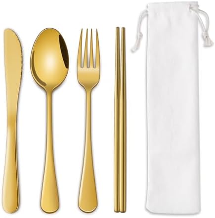 DEHOV Gold Travel Utensils Set With Pouch,Outdoor Camping Silverware Set For Picnic Gadgets,Set Of 5 Portable Cutlery Spoon And Fork Set With Case For Dining