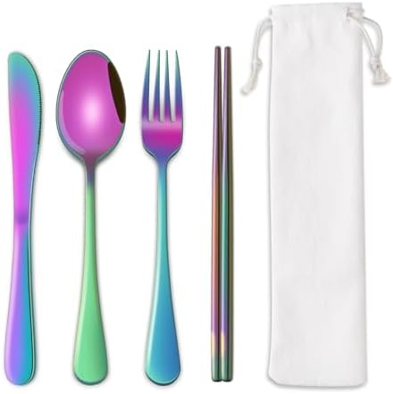 Rainbow Working Lunch Silveware Set,Reusable Travel Utensils Set With Case Includes Stainless Steel Chopsticks Knife Spoon And Fork,Camping Picnic Essentials