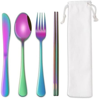 Rainbow Working Lunch Silveware Set,Reusable Travel Utensils Set With Case Includes Stainless Steel Chopsticks Knife Spoon And Fork,Camping Picnic Essentials