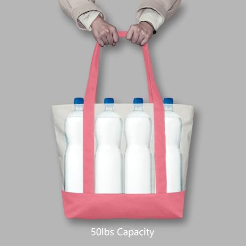 TOPDesign 3-Pack Canvas Tote Bags with an External Pocket, Reusable Grocery Shopping Bags, Top Zipper Closure, Daily Essentials (Rose Pink/Natural)