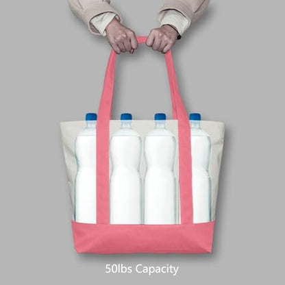 TOPDesign 3-Pack Canvas Tote Bags with an External Pocket, Reusable Grocery Shopping Bags, Top Zipper Closure, Daily Essentials (Rose Pink/Natural)