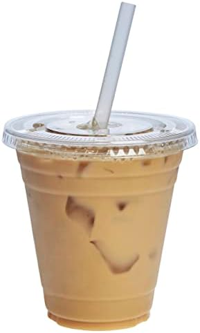 GUSTO 12 oz Clear Plastic Cups with Lids [50 Sets] Iced Coffee Cups