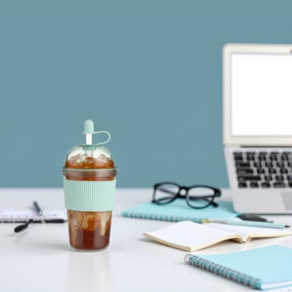 Reusable Ices Coffee Cups with Lids and Straws 17oz, Boba Cup with Straw,Tumbler with Silicone Sleeve for Cold Drinks, Iced Coffee, Bubble Tea ，light Blue