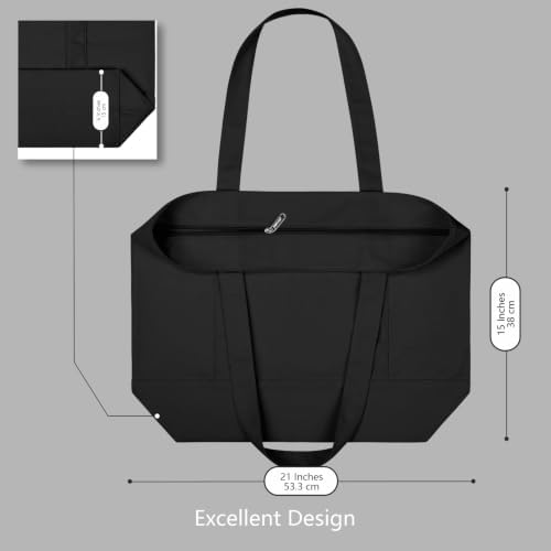 TOPDesign 6-Pack Canvas Tote Bags with an External Pocket, Reusable Grocery Shopping Bags, Top Zipper Closure, Daily Essentials (Black)