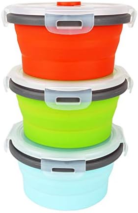 Ecomorning 3Piece Round Collapsible Lunch Container Silicone Food Storage Containers Collapsible Camping Bowl with Airtight Silicone Lids, Microwave, & Freezer Safe, 350ML