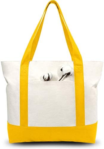TOPDesign 3-Pack Canvas Tote Bags with an External Pocket, Reusable Grocery Shopping Bags, Top Zipper Closure, Daily Essentials (Yellow/Natural)