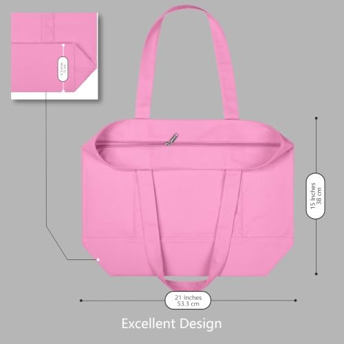 TOPDesign 6-Pack Canvas Tote Bags with an External Pocket, Reusable Grocery Shopping Bags, Top Zipper Closure, Daily Essentials (Pink)