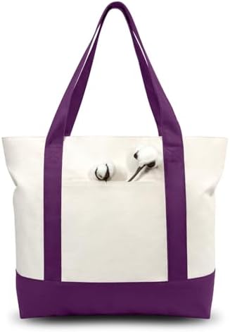 TOPDesign 3-Pack Canvas Tote Bags with an External Pocket, Reusable Grocery Shopping Bags, Top Zipper Closure, Daily Essentials (Purple/Natural)