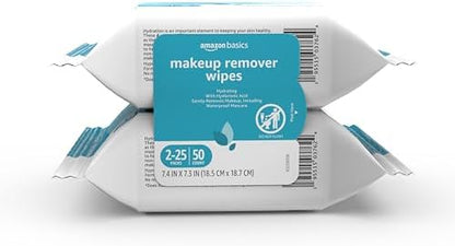 Amazon Basics Makeup Remover Wipes, Hydrating Facial Cleansing, Hyaluronic Acid, Dermatologist Tested, Plant Based, Alcohol-Free, Removes Waterproof Mascara, 25 Count, 2-Pack