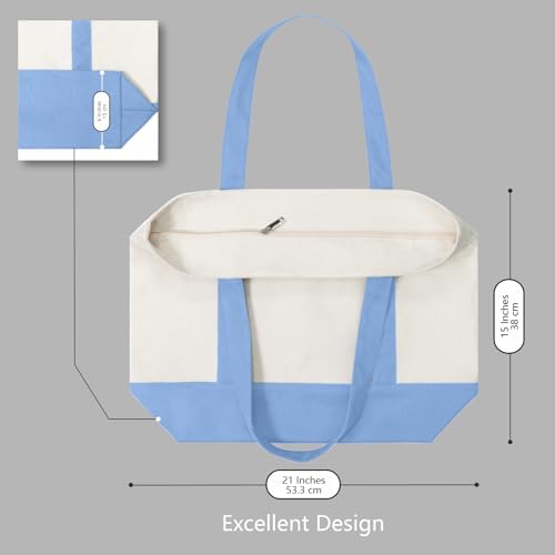TOPDesign 6-Pack Canvas Tote Bags with an External Pocket, Reusable Grocery Shopping Bags, Top Zipper Closure, Daily Essentials (Light Blue/Natural)