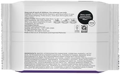 Amazon Basics Makeup Remover Wipes, Gentle Cleansing, Dermatologist Tested, Night Calming, Plant Based, Alcohol-Free, Removes Waterproof Mascara, pH Balanced, 25-Count, 6-Pack