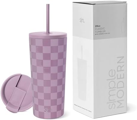 Simple Modern Insulated Tumbler with Lid and Straw | Iced Coffee Cup Reusable Stainless Steel Water Bottle Travel Mug | Gifts for Women Men Her Him | Classic Collection | 20oz | Lavender Checkmate