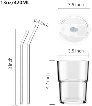 13oz Glass Iced Coffee Cups with Straw and Lid, Thick-Wall Glass Tumbler, Reusable Coffee Cup for Iced Coffee, Matcha, Cold Brew, Latte and Cold Drinks, Fits Car Cup Holders
