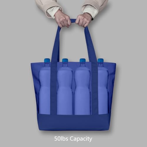TOPDesign 30-Pack Canvas Tote Bags with an External Pocket, Reusable Grocery Shopping Bags, Top Zipper Closure, Daily Essentials (Blue)
