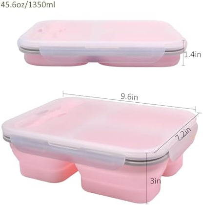 2 Pack Big Collapsible Silicone Bento Lunch Boxes With Lids spoons forks,3 Compartments, Divided Lunch Food Storage Containers, Safe in Microwave, Dishwasher and Freezer, 45.6oz, (Pink+Blue)