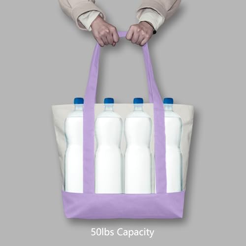 TOPDesign 1-Pack Canvas Tote Bag with an External Pocket, Reusable Grocery Shopping Bag, Top Zipper Closure, Daily Essentials (Lavender/Natural)