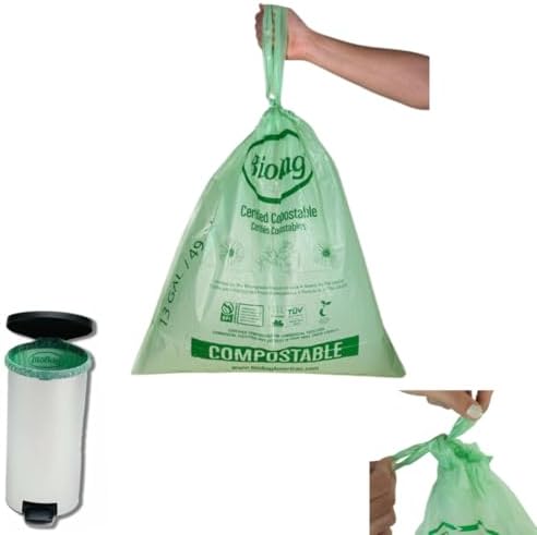 13 Gallon Compostable Drawstring Trash Bags by BioBag, 40 Count, BPI Certified, Meets ASTM D6400 Standards, Easy-Tie Kitchen Liners