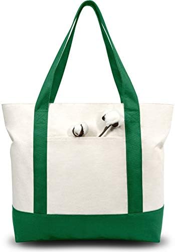TOPDesign 3-Pack Canvas Tote Bags with an External Pocket, Reusable Grocery Shopping Bags, Top Zipper Closure, Daily Essentials (Green/Natural)