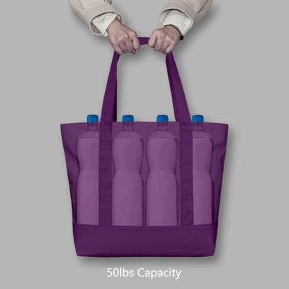 TOPDesign 1-Pack Canvas Tote Bags with an External Pocket, Reusable Grocery Shopping Bags, Top Zipper Closure, Daily Essentials (Purple)