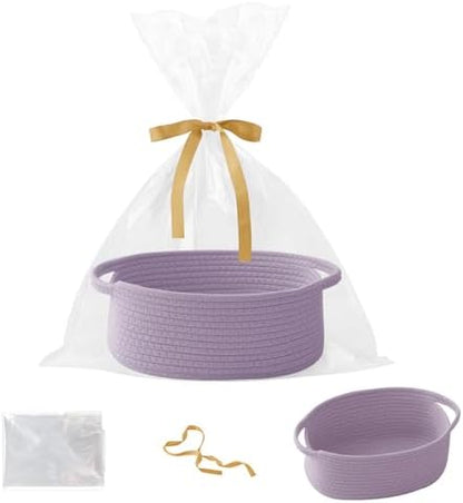 Purple Woven Rope Basket - Baby Gift Basket with Bag & Ribbon
