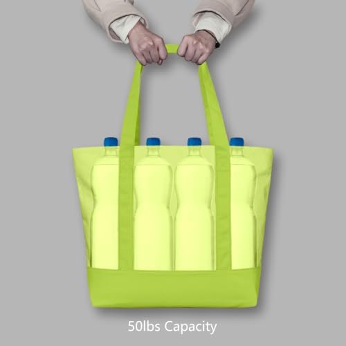 TOPDesign 3-Pack Canvas Tote Bags with an External Pocket, Reusable Grocery Shopping Bags, Top Zipper Closure, Daily Essentials (Light Green)