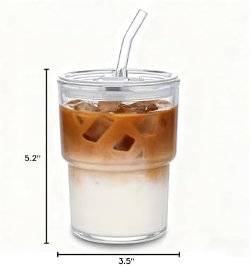 13oz Iced Coffee Cup, Reusable Glass Tumbler with Straw and Lid, Thick Wall Glass Cups with Lids and Straws for Matcha, Smoothies, Drinking Glassware Water Cups (clear-4pack)