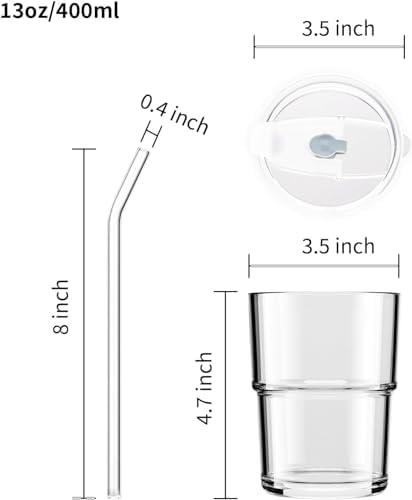 13oz Glass Tumbler with Straw and Lid, Leak Proof Iced Coffee Cup, Thick Wall BPA Free Drinking Glass Water Cups for Iced Coffee, Matcha, Smoothie and Travel-(Clear-2pack)