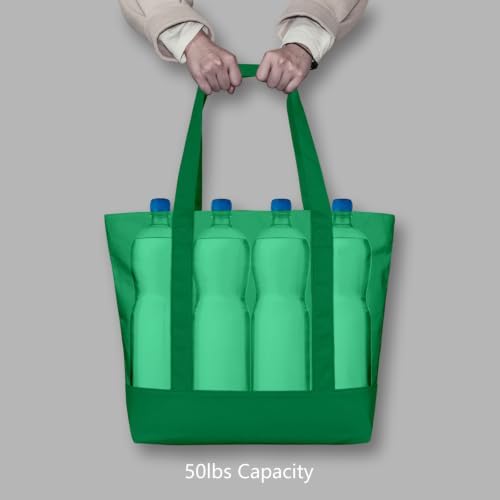 TOPDesign 3-Pack Canvas Tote Bags with an External Pocket, Reusable Grocery Shopping Bags, Top Zipper Closure, Daily Essentials (Green)