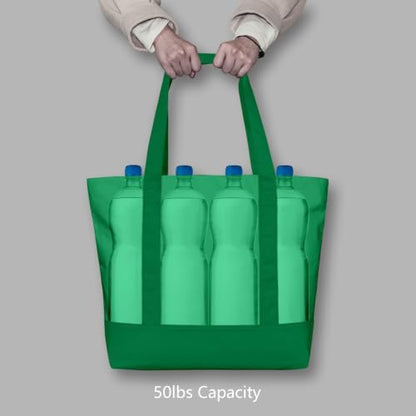 TOPDesign 3-Pack Canvas Tote Bags with an External Pocket, Reusable Grocery Shopping Bags, Top Zipper Closure, Daily Essentials (Green)