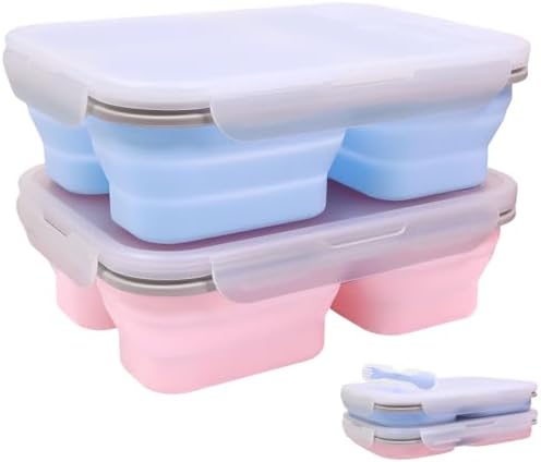 2 Pack Big Collapsible Silicone Bento Lunch Boxes With Lids spoons forks,3 Compartments, Divided Lunch Food Storage Containers, Safe in Microwave, Dishwasher and Freezer, 45.6oz, (Pink+Blue)
