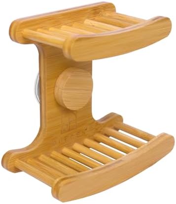 Suction Cup Soap Dish for Shower，Bamboo Soap Dish Holder for Shower, Suction Cup NO-Drilling, Self Draining for Bathroom，Natural Bamboo Color (Double soap Holder, Rectangular)