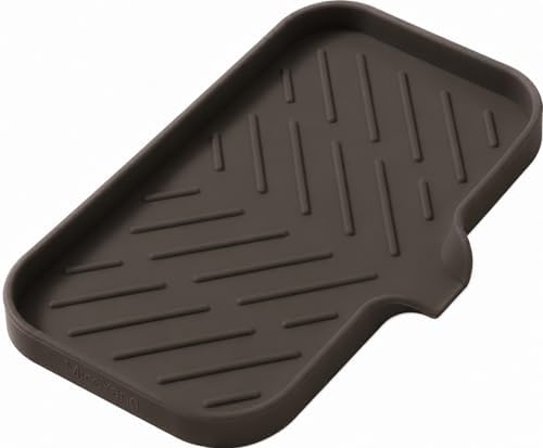 MicoYang Silicone Soap Dish with Drain Spout — Self-Draining Sink Organizer Tray for Bathroom & Kitchen, Sponges, Dispensers & Soap Holder, Non-Slip & Dishwasher Safe, Coffee (Medium, 9.6"×5.3")